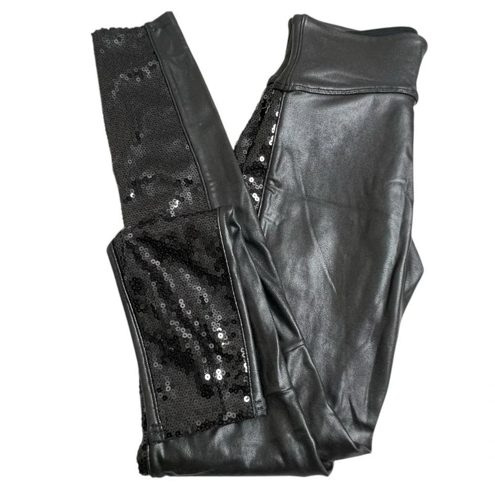 Spanx Womens Small Black Faux Leather Sequin‎ Front High Rise Leggings